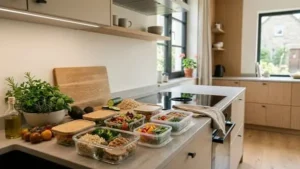 Meal-Prep-Boxen aus Glas und Plastik auf einer Küchenarbeitsplatte