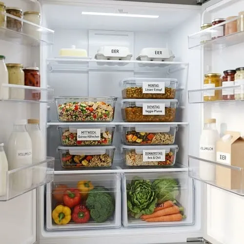 Gestapelte Meal-Prep-Boxen im Kühlschrank, nach Tagen sortiert