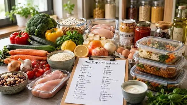 Vorratsschrank mit Basiszutaten und Einkaufsliste für Meal Prep