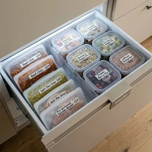 Meal Prep Haltbarkeit Tabelle: Kühlschrank & Gefrierfach 4 Portioniertes Meal Prep im Gefrierfach, flach verpackt und beschriftet