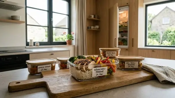 Meal-Prep-Boxen mit Datum im Kühlschrank – Haltbarkeit richtig planen