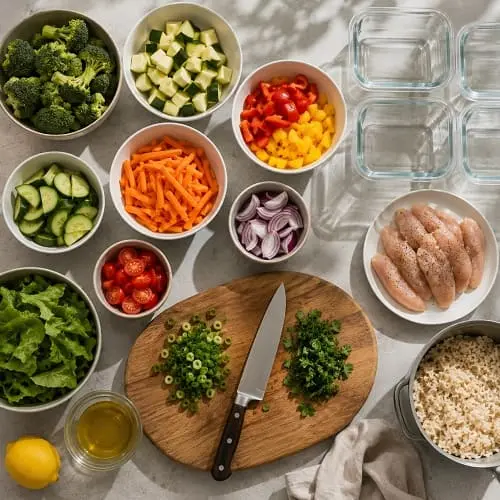 Vorbereitete Zutaten und Werkzeuge für eine Meal-Prep-Session in der Küche