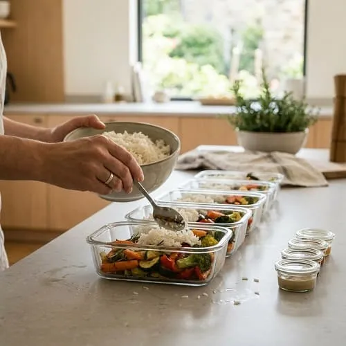 Portionieren von Reis und Ofengemüse in Meal-Prep-Boxen