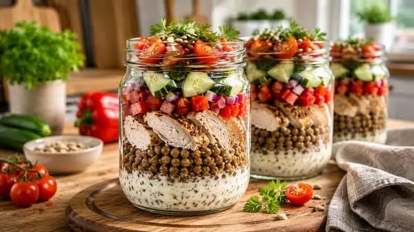 Mediterrane Linsen-Hähnchen-Schale im Glas als kalte eiweißreiche Mahlzeit