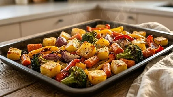 Kartoffeln und Gemüse werden auf einem Backblech im Ofen geröstet für Meal Prep