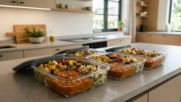 Meal-Prep-Boxen für einen günstigen Wochenplan mit Gemüse, Linsencreme und Kartoffeln