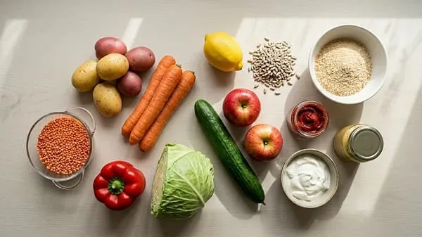 Einkauf für günstigen Meal-Prep-Wochenplan mit Linsen, Kartoffeln, Paprika, Joghurt, Gurke, Apfel und Kernen