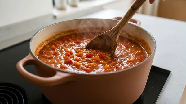 Cremiger Linsentopf mit Paprika und Möhren wird im Topf gekocht als Meal-Prep-Basis