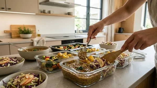 Meal-Prep-Boxen werden mit Linsencreme, Ofengemüse und Krautsalat für das Büro befüllt