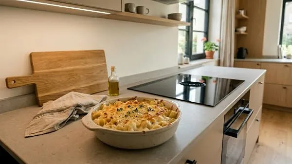 Cremiger Nudelauflauf mit heller Blumenkohl-Soße und mildem Käse