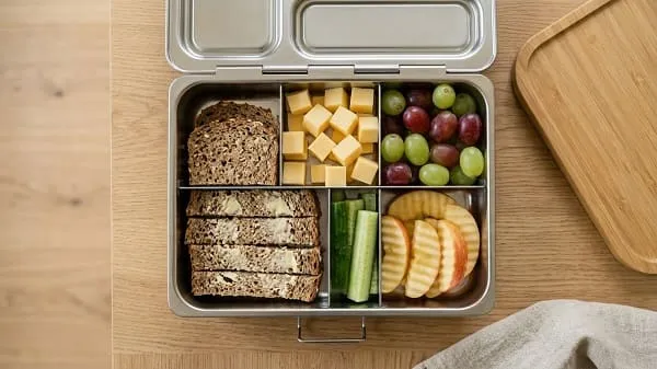 Kinder-Pausendose mit Brotsticks, Käsewürfeln und Obst
