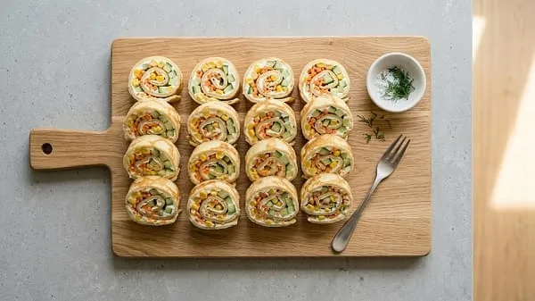 Pfannkuchen-Röllchen mit Frischkäse und fein geschnittenem Gemüse