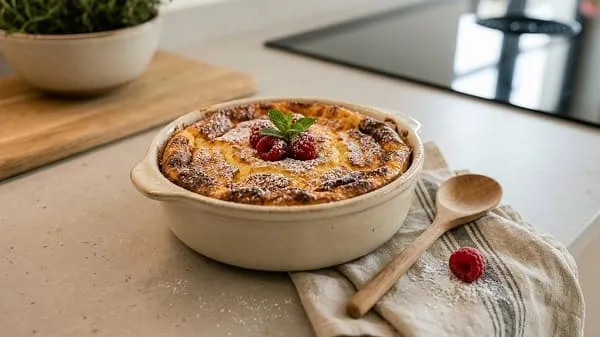 Süßer Quark-Grieß-Auflauf, goldbraun gebacken, mit Apfeloption