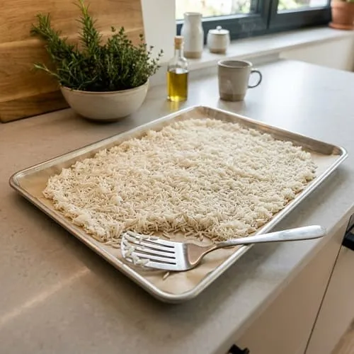 Vorgekochter Reis liegt flach auf einem Blech zum schnellen Abkühlen