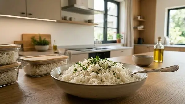 Körniger vorgekochter Reis in Glasdosen auf einer Küchenarbeitsplatte, bereit für die Woche