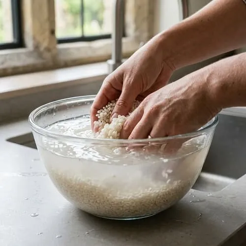 Reis wird in einer Schüssel mit kaltem Wasser gewaschen, Hände wirbeln das Wasser leicht auf
