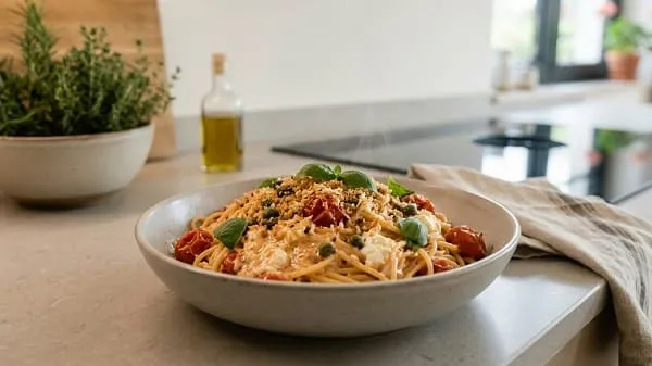 Fertige schnelle Pasta mit Feta und Tomaten, bestreut mit Kapern-Semmelbrösel-Knusper und Kräutern
