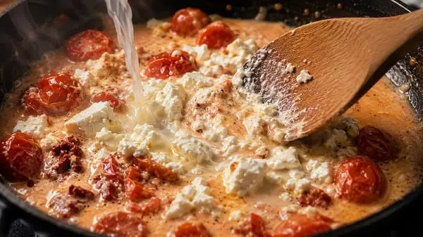 Feta wird mit Nudelwasser in der Pfanne cremig gerührt, Tomatenmark und Tomaten sind sichtbar