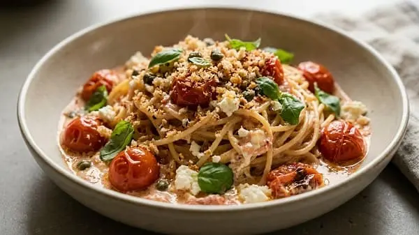 Schnelle Pasta in 10 Minuten mit cremiger Feta-Tomaten-Sauce und Kapern-Knusper