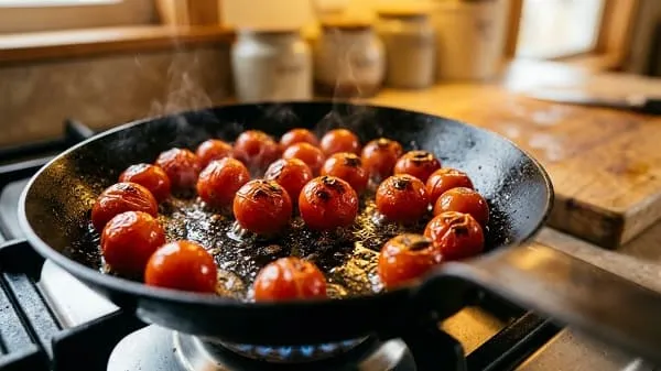 Kirschtomaten werden in einer heißen Pfanne angeröstet und platzen leicht auf
