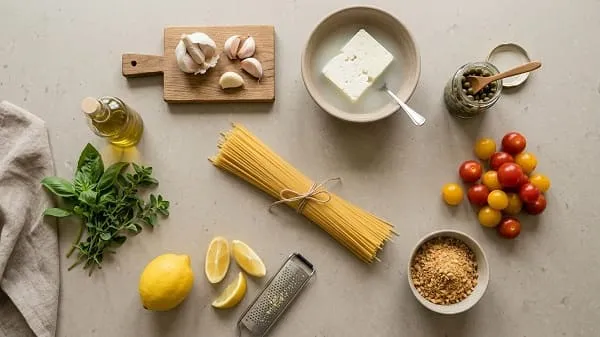Zutaten für schnelle Pasta in 10 Minuten: Pasta, Feta, Kirschtomaten, Kapern, Semmelbrösel, Zitrone und Kräuter