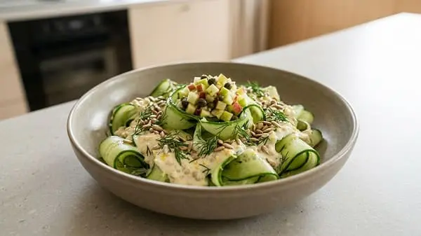 Gurkenbandnudeln mit Zitronen-Linsen-Quark und Apfel-Kapern-Relish als kaltes leichtes Abendessen