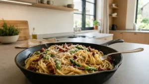 Spaghetti Carbonara mit Sahne cremig serviert mit Speck und Pfeffer