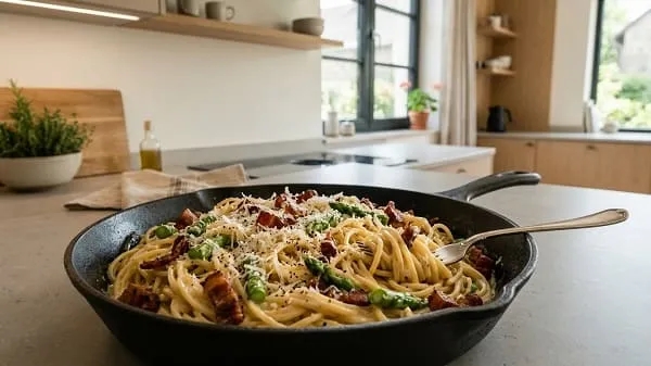 Spaghetti Carbonara mit Sahne cremig serviert mit Speck und Pfeffer