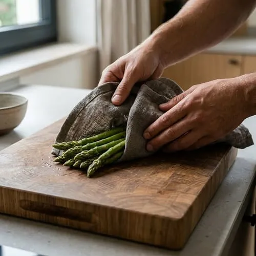 Spargel wird in ein leicht feuchtes Küchentuch eingewickelt