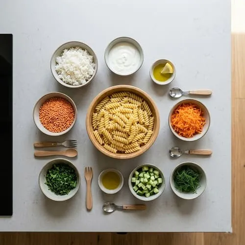 Baukasten für vegetarische Kindergerichte mit Sattmacher, Eiweiß und milder Soße