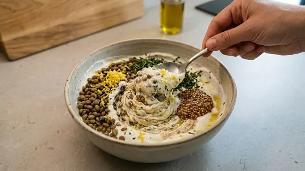 Zitronen-Linsen-Quark cremig anrühren – eiweißreiches kaltes Abendessen