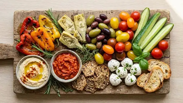 Antipasti-Platte mit Oliven, Paprika, Artischocken und Dips