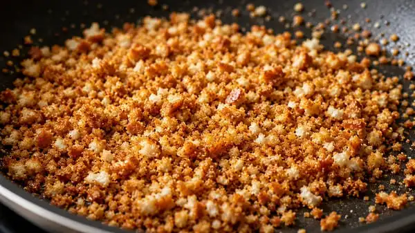 Brezelbrösel werden in der Pfanne kurz goldbraun geröstet