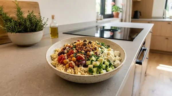 Mediterrane Couscous-Bowl mit Tomaten-Kichererbsen-Pfanne, Gurke, Feta, Soße und Kapernbröseln