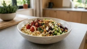Mediterrane Couscous-Bowl mit Feta, Tomaten, Kichererbsen und Kapernbröseln