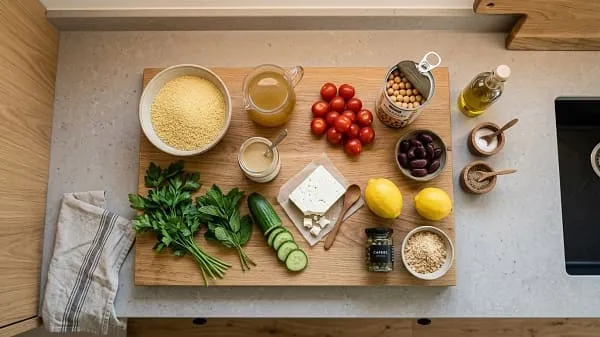 Zutaten für eine mediterrane Couscous-Bowl mit Feta, Kichererbsen, Tomaten und Kräutern
