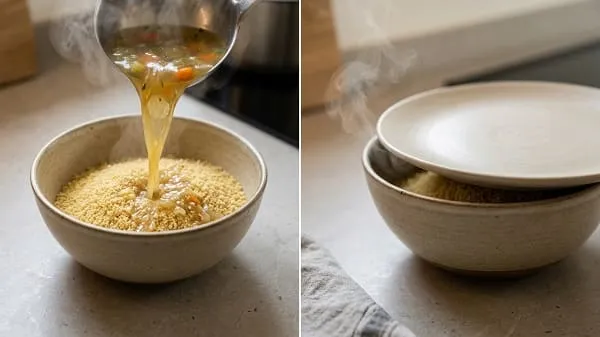 Couscous wird in einer Schüssel mit heißer Gemüsebrühe übergossen und abgedeckt