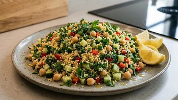 Couscous-Salat mit Kichererbsen, Gurke und Kräutern