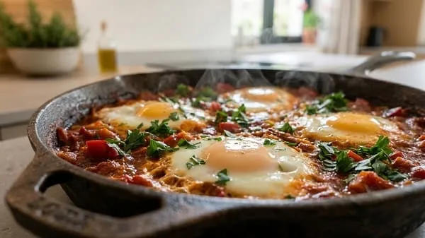 Eier garen in würziger Tomatensauce in der Pfanne mit Deckel