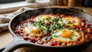 Express-Shakshuka in 15 Minuten: Eier in würziger Tomatensauce in einer Pfanne