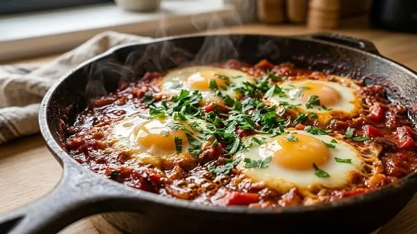 Express-Shakshuka in 15 Minuten: Eier in würziger Tomatensauce in einer Pfanne