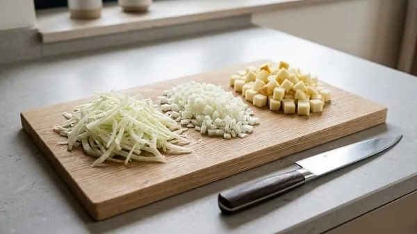 Fenchel in feine Streifen geschnitten, daneben Zwiebelwürfel und Apfelstücke