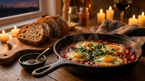 Fertige Express-Shakshuka mit Kräutern in der Pfanne serviert, Brot daneben