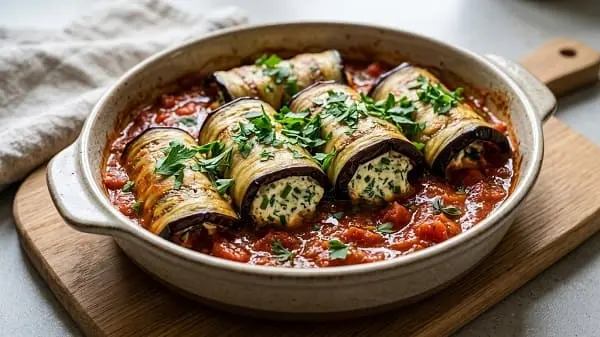 Auberginen-Röllchen aus dem Ofen in Tomatensoße mit Kräuterquark-Füllung