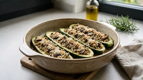Gefüllte Zucchini aus dem Ofen mit Pilz-Hafer-Füllung in einer Auflaufform