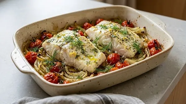 Kabeljau im Ofen auf Tomaten-Fenchel-Bett in einer Auflaufform