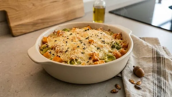 Kürbis-Lauch-Gratin aus dem Ofen mit Hüttenkäse, goldgelb gebacken