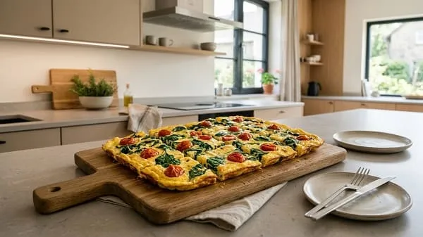 Ofenomelett vom Blech mit Spinat und Kirschtomaten, in Stücke geschnitten