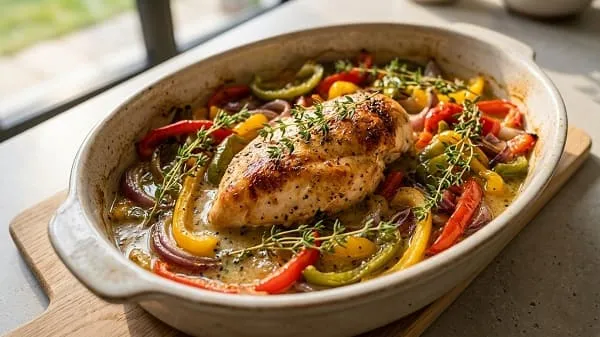 Hähnchenbrust mit Paprika und Zwiebeln aus dem Ofen, saftig in der Form gegart