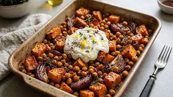 Süßkartoffel-Kichererbsen-Blech aus dem Ofen mit Joghurt und Zitronenabrieb